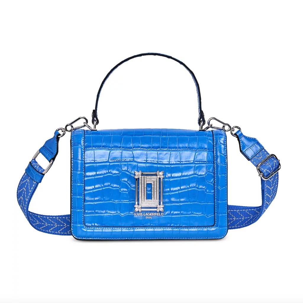 Karl Lagerfeld Paris "Simone Flap" Blue Croc Leather Crossbody Purse